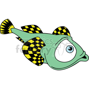 This clipart image contains a cartoon fish that's designed in a humorous style. The fish has a large, exaggerated eye and a funny expression on its face. Its body is green with a pattern of black and yellow squares on its fins and tail.