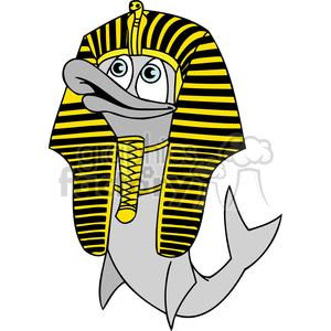 The clipart image features a humorous depiction of the iconic pharaoh King Tutankhamun, known as King Tut, with a fish body. The image includes elements like the pharaoh's famous golden headdress with cobra and vulture symbols, a traditional false beard, and characteristic eye makeup found in ancient Egyptian art. The twist is that instead of a human body, the headdress and face are atop a gray fish's body, complete with fins and a tail.