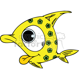 The clipart image features a whimsical yellow fish with a comically oversized eye. The fish has a pattern of green flowers or clover-like shapes across its body, a small fin, a pointed tail, and an amusing expression suggesting a surprised or goofy character.