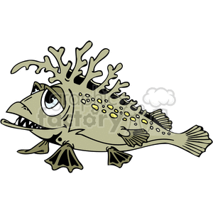 The clipart image features a caricature of a fish with exaggerated features that convey a humorous expression. The fish has an oversized eye, a large mouth with visible sharp teeth, frilly fins, and spots all over its body, which add to its comical appearance.