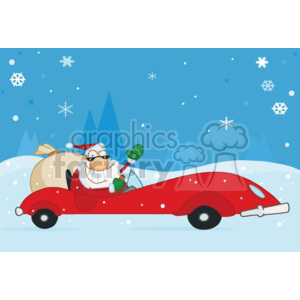 Santa Claus driving a red car in a snowy landscape with snowflakes.