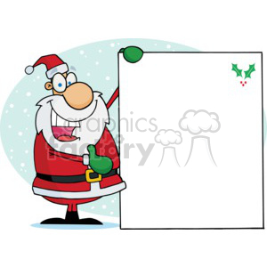 A cheerful Santa Claus in a red suit and hat, holding a blank sign with holly decoration in a snowy background.