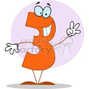 A cheerful cartoon number three with arms and eyes, making a peace sign.