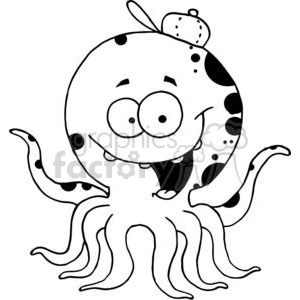 A cheerful cartoon octopus wearing a hat. The octopus has a big smile and large eyes and is illustrated in a simple, black-and-white line art style.