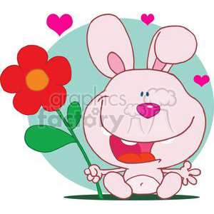 The clipart image depicts a smiling pink cartoon rabbit holding a red flower. The background includes a light teal circle outline with small hearts around the rabbit, indicating a sense of affection or love. The rabbit's cheerful expression and the overall image give off a friendly and happy vibe, which might be suitable for themes such as Valentine's Day, springtime, or expressing love and joy.