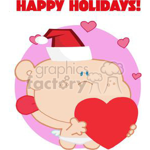 A cute cartoon character with a Santa hat holding a large red heart surrounded by small hearts, conveying a cheerful holiday message.