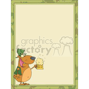A humorous clipart image featuring a cartoon bear wearing a green hat and holding a frothy mug of beer. The background has a green and beige camouflage pattern border.
