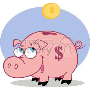 This clipart image depicts a funny character resembling a piggy bank. The pig is pink and has a dollar sign on its side, symbolizing its function as a bank. The piggy bank is portrayed with a whimsical expression, with large eyes looking upwards toward a coin with a dollar sign that is seemingly about to enter the piggy bank's slot. The background features a simple shaded circle providing contrast.