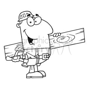 A funny cartoon character of a carpenter holding a wooden board and a hammer, wearing a hard hat.