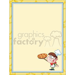 Clipart image of a cartoon chef holding a pizza, with a blank space for text and a decorative border.