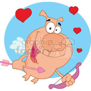 A humorous cartoon character resembles a pig dressed as Cupid, with wings and a bow and arrow, surrounded by red hearts on a blue background.