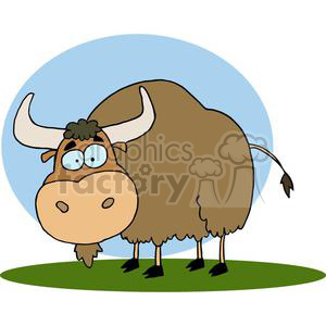   The image is a cartoon-style clipart of a brown cow standing on a patch of green grass. The cow has large, expressive blue eyes, prominent white horns, and a funny tuft of hair on its head. This cow portrays a humorous and friendly character typically found in children