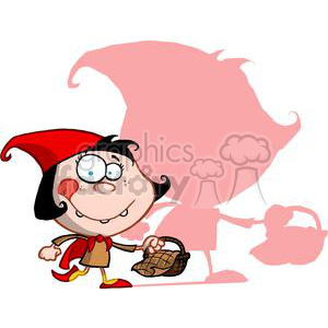 This image depicts a cartoon character that resembles a humorous interpretation of Little Red Riding Hood. The character has large, expressive eyes, a cute, bulbous nose, and rosy cheeks. She wears a red hood with a noticeable peak, a dress, and a red cape tied around her neck with a bow. She is also carrying a small picnic basket in one hand.
