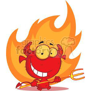 A funny character resembling a red devil with a mischievous grin, holding a trident, surrounded by large flames.