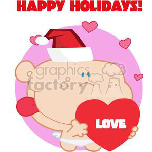 A cute cartoon cupid character in a Santa hat holding a big red heart with 'LOVE' written on it, surrounded by smaller hearts, with 'HAPPY HOLIDAYS!' text above.