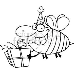 A black and white clipart image of a cartoon bee wearing a party hat and holding a gift box with a ribbon.