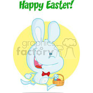 Happy Bunny wearing a Red Bow Tie Running with Easter Eggs In a Basket In Front of a Yellow Bacground