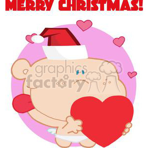 A cute cartoon baby character wearing a Santa hat, holding a large red heart, surrounded by small heart symbols with 'MERRY CHRISTMAS!' text above.