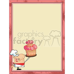 A cartoon chef holding a multi-layered cake with pink frosting, standing in the bottom left corner of a pink-bordered frame with a blank beige center.
