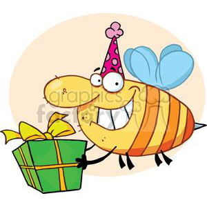 A cute cartoon bee wearing a party hat and holding a green gift box with a yellow ribbon.