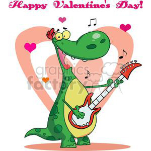 A funny cartoon dinosaur playing an electric guitar with love hearts around, celebrating Valentine's Day.