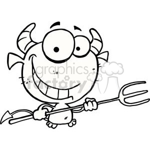 A cartoon character resembling a cute devil with large eyes, holding a pitchfork and grinning widely.