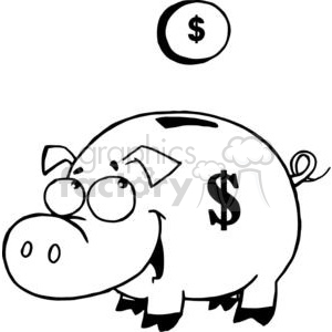 The clipart image features a black and white illustration of a piggy bank with a humorous expression. The piggy bank has a dollar sign symbol on its side and another dollar sign floating above its head, representing money or savings.