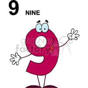 A humorous cartoon character shaped like the number nine, featuring facial expressions and hand gestures.