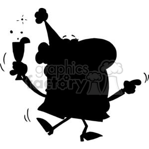   This image is a black and white silhouette clipart featuring a celebratory character wearing a party hat and holding up a glass, presumably of champagne. The character appears to be toasting or celebrating, indicated by the motion lines and the bubbles coming from the glass, suggesting a lively and festive atmosphere. The character