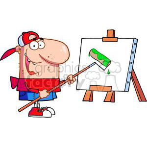   The clipart image shows a humorous character that appears to be an artist. The character has a large, round nose, and is wearing a red and purple cap turned sideways, glasses, a red shirt, and blue pants. The character