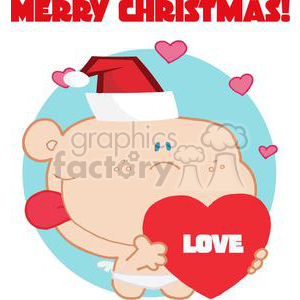 A funny cartoon baby character holding a heart with 'LOVE' written on it, wearing a Santa hat, surrounded by pink hearts with 'MERRY CHRISTMAS!' at the top.