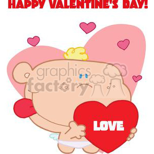 A cute cartoon cupid character holding a red heart with the word 'LOVE' on it, surrounded by smaller hearts, with 'HAPPY VALENTINE'S DAY!' written above.