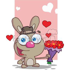 A cute cartoon rabbit wearing a hat and holding a bouquet of flowers, surrounded by hearts.