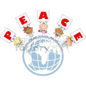 Illustration of diverse children holding up letters spelling 'PEACE' above a globe.