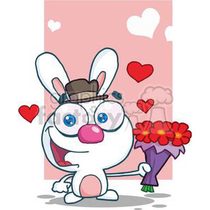 A cute and funny cartoon bunny holding a bouquet of red flowers, wearing a hat, with hearts in the background.