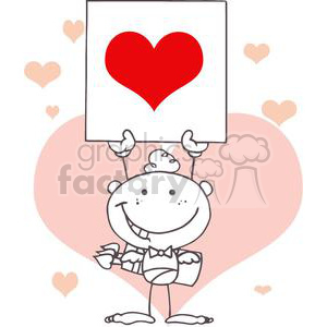 Cartoon Stick Cupid with  Heart Banner and light Pink Hearts In background