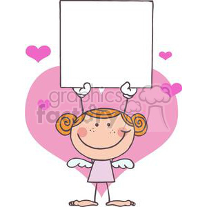 Cute cartoon angel holding a blank sign with pink hearts and a large pink heart background, perfect for Valentine's Day.