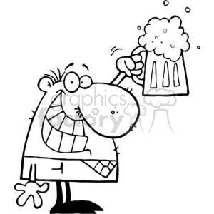 The image is a black and white line drawing of a funny cartoon character holding up a frothy beer mug in a celebratory cheers gesture. The character is depicted with a comically large nose, big round glasses, and a wide grin, wearing a patterned sweater and pants with a flower-like detail on the collar.