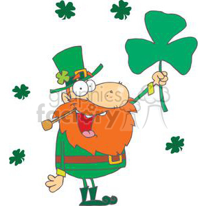 A whimsical leprechaun holding a large shamrock, surrounded by smaller shamrocks, with an orange beard, green outfit, and a pipe.