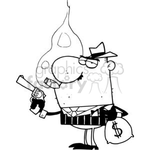 A comical illustration of a gangster cartoon character holding a gun and a bag of money while wearing a suit and hat.