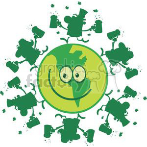 A humorous illustration featuring a smiling earth cartoon surrounded by green leprechaun-like characters holding mugs and dancing, with shamrocks scattered around, celebrating St. Patrick's Day.