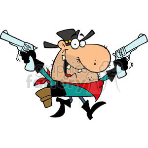 A cartoonish, funny gangster character holding two pistols, wearing a cowboy hat, red bandana, and boots.