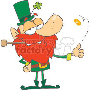 A whimsical leprechaun with a red beard and green hat, flipping a gold coin.