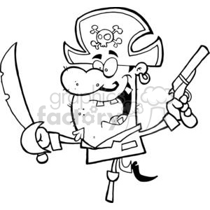 A funny pirate captain with a sword and a pistol, wearing a hat with a skull and crossbones.