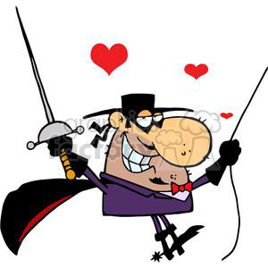 A humorous cartoon character dressed as a sword fighter, resembling a classic masked hero, with hearts floating around, conveying a Valentine's love theme.