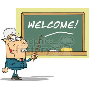 A humorous clipart image of a cartoon teacher holding a pointer, standing next to a chalkboard with the word 'WELCOME' written on it.