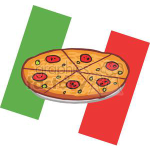 Clipart image of a pizza with tomato slices and green herbs on top, placed in front of a background resembling the Italian flag with green, white, and red stripes.