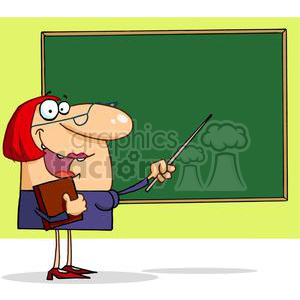 A humorous clipart illustration of a teacher with red hair, holding a pointer and a book, standing in front of an empty green chalkboard.