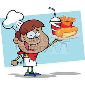 A cheerful cartoon boy dressed as a chef is holding a tray with fast food items including a hot dog, French fries, and a drink. He is wearing a chef's hat, red bandana, and a white apron.