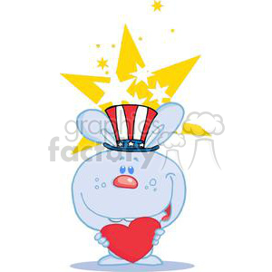 The image features a whimsical clipart of a bunny rabbit with a patriotic Uncle Sam hat, holding a large red heart lovingly. The hat is styled with red and white stripes and blue with white stars. The bunny has a joyful and loving expression, with cute facial features such as big eyes and a round nose. The background includes a burst of yellow sparkles or stars, giving an enchanting, festive feel to the image.